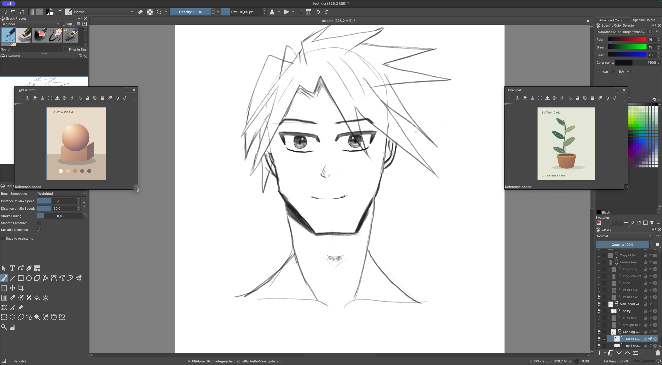 Two floating reference boards beside a drawing in Krita